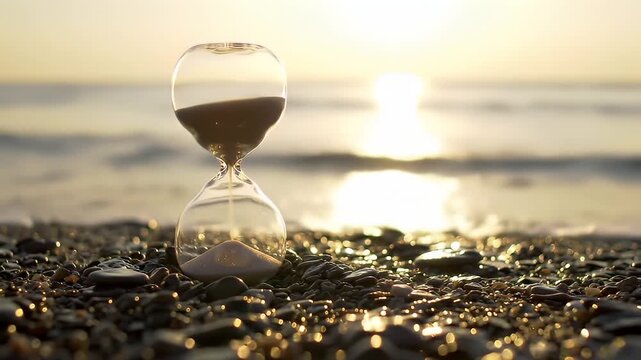 Hourglass Timing Down on Beach Sea with Sunset in Background
