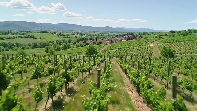 Lush Green Vineyard Under Clear Blue Sky with Rolling Hills in Background