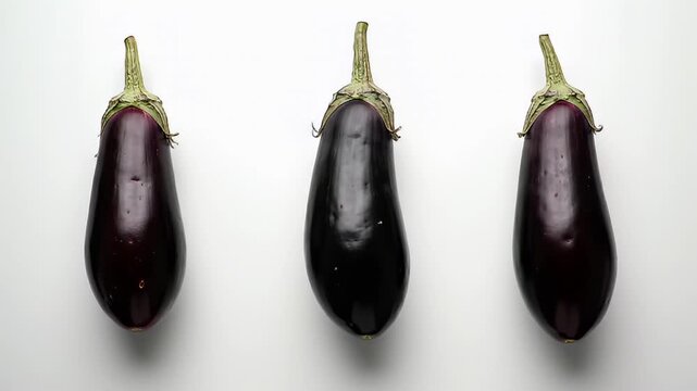 Three Fresh Eggplants Arranged Centrally on a Clean White Background