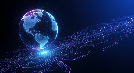 Digital globe with glowing circuits and light trails representing global network