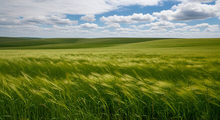Obraz premium Vast green wheat field under a cloudy blue sky, with wind gently blowing through the stalks