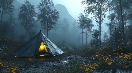Illuminated tent in misty forest at night.