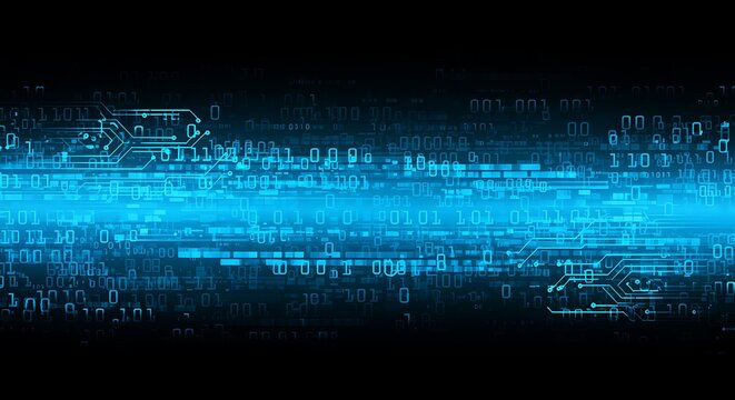 Abstract blue digital circuit board pattern with binary code and light effect