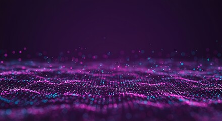Abstract digital wave of glowing particles in shades of purple and blue, representing data flow and technology