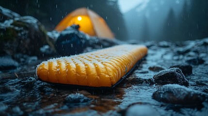 Snow-covered sleeping pad near a tent in a cold, rainy mountain stream.