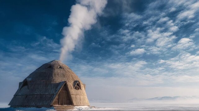 Unique igloo structure with smoke rising against a cloudy sky, representing off-grid, eco-living concept  