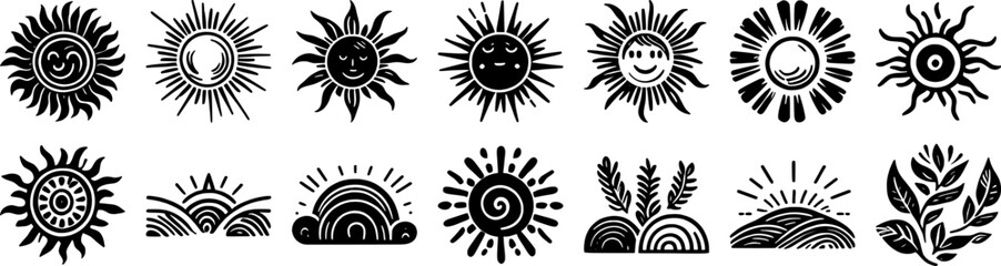Vector art of collection of stylized sun icons and symbols