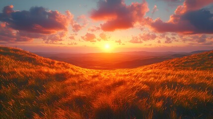 Vibrant sunset over rolling hills and golden grass.