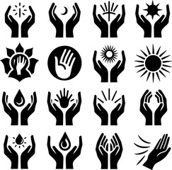 Vector art of collection of hands holding symbols of light, water, and nature