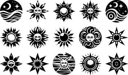 Vector art of diverse collection of sun and celestial icons