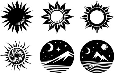 Vector art of collection of stylized sun and celestial landscape icons