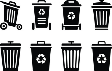recycling bin icons set, waste management containers, eco trash can symbols, garbage collection illustration, environmental sustainability design vector