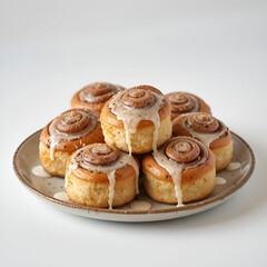 Fresh baked cinnamon rolls on a ceramic plate with icing drip.