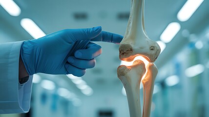 Doctor pointing at a glowing human knee joint model in a medical setting