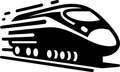 Vector art of stylized black and white illustration of a highspeed train moving fast on tracks