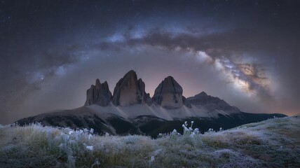 Tre cime di lavaredo mountains under the milky way arch at night, dolomites, italy