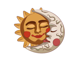 The united moon and sun hug and smile.