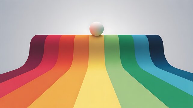 A white sphere sits atop a colorful rainbow spectrum flowing downwards on a plain background