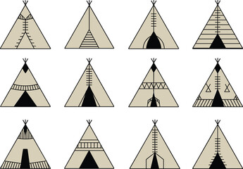 traditional native teepee tents collection, tribal tipi illustration, ethnic camping shelter icons, boho outdoor culture, heritage vector art design © Earshad Creative