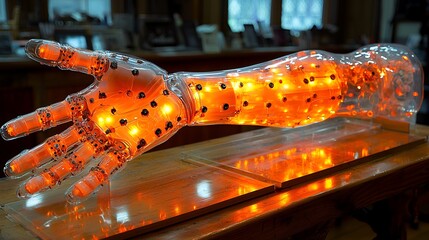 Illuminated anatomical hand and arm model.