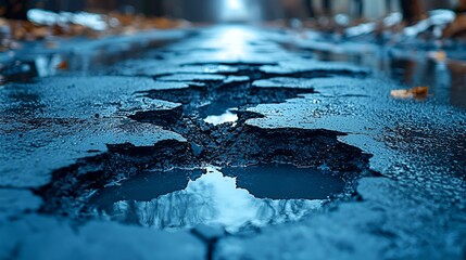 Cracked asphalt road with puddles reflecting sky.