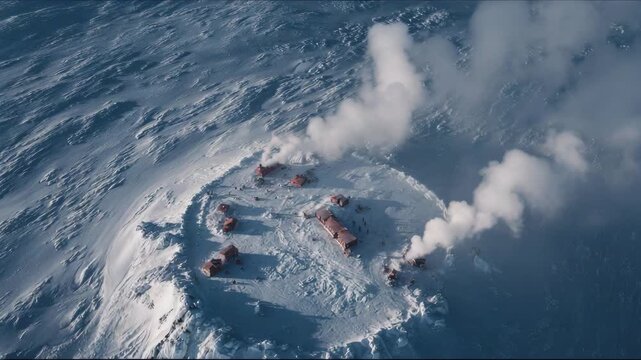 Aerial view of steam rising from ice-covered landscape, representing off-grid, eco-living concept  
