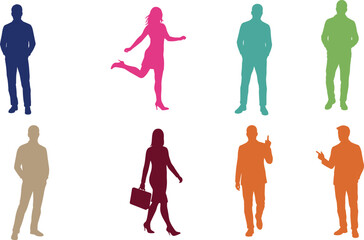 Colorful human silhouettes, diverse people poses, modern vector illustration, standing walking pointing running, business casual design, creative art concept, abstract lifestyle graphic
