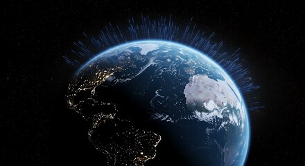 Planet earth from space, showing continents and city lights at night, with a digital network overlay