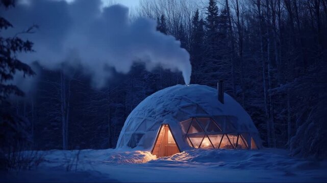 Cozy igloo cabin with smoke rising at night in winter forest, representing off-grid, eco-living concept  