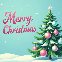 A vibrant Christmas tree adorned with pink and blue ornaments, topped with a star, set against a teal background with snow and stars.