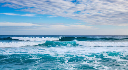 Fototapeta premium Ocean waves crashing on a sunny day with blue sky and clouds