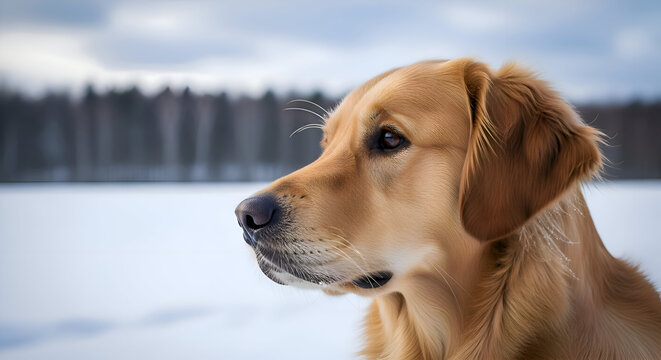 Closeup profile of a golden retriever dog in a snowy landscape with trees in the background