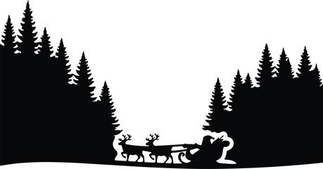 Obraz premium Vector Santa Claus reindeer sleigh Christmas tree forest silhouette illustration