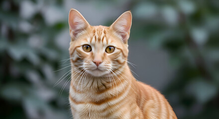 Closeup portrait of an orange tabby cat with striking yellow eyes, looking directly at the camera with a curious expression