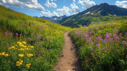 Scenic hiking trail through a vibrant meadow with wildflowers and mountains