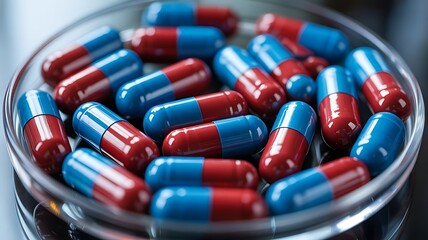 Red and Blue Pharmaceutical Capsules in Transparent Glass Dish on White Background