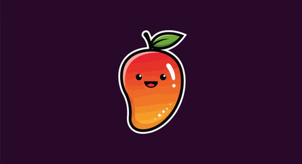 Adorable, cartoon-style mango with a smiling face on a dark background