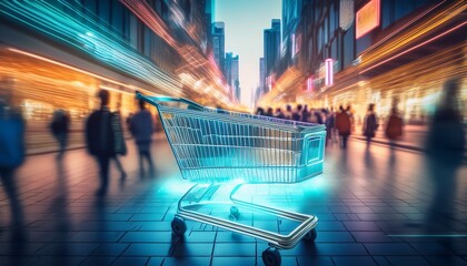 digital shopping cart with glowing neon lines represents futuristic city street with blurred shoppers symbolizing online commerce connectivity and urban consumerism