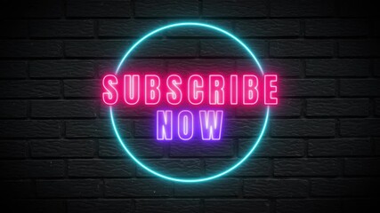 Subscribe now with glowing neon letters against a dark brick wall for a modern exciting announcement - Powered by Adobe