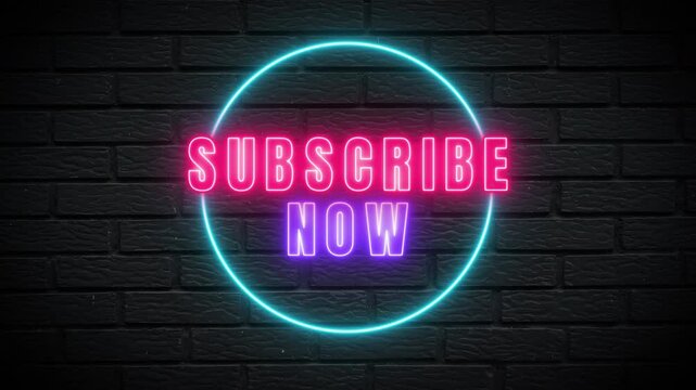 Subscribe now with glowing neon letters against a dark brick wall for a modern exciting announcement
