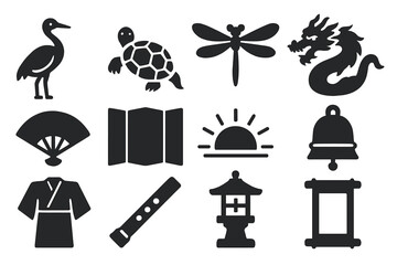 Japanese Symbolism Icons. Solid style icons of Japanese symbolism in gardens: crane bird, turtle stone, dragonfly, dragon carving,
