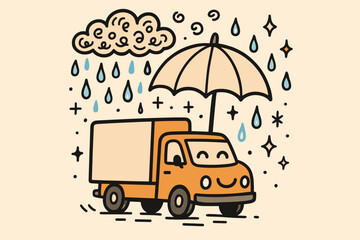 Smiling Truck in Rain. Delightful doodle vector illustration of a truck holding an umbrella, smiling under a sky filled with