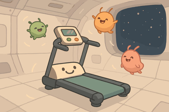 Floating Treadmill Fun. Friendly treadmill in zero-gravity simulator, tiny critters floating alongside with grins