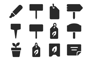 Herb Icon Labels. Solid style icons of Herb Labels and Markers: chalk marker, wood tag, metal stake, printed label, plant ID tag,