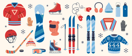 Winter sports equipment set with skis, snowboard, hockey gear, skates and warm clothes. Outdoor activity and recreation concept. Trendy modern vector isolated illustration, hand drawn, flat design