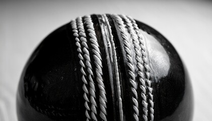 black and white cricket ball with textured seams