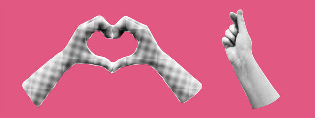 Together vintage heart love with korean hand like halftone. Media graphic shape and retro concept form