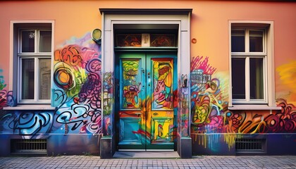 Naklejka premium street art in berlin door and house entrance painted with graffiti