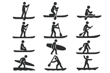 Paddleboarding Icon Set. Solid style icons of Paddleboarding positions and actions: standing pose, kneeling stance, sitting paddle
