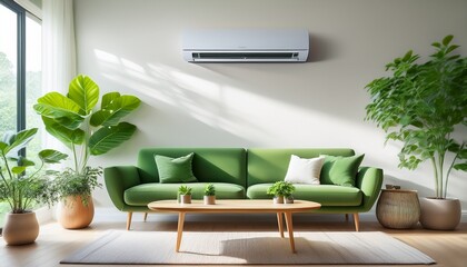 modern air conditioner installed in bright living room with plants white split system unit provides cool comfortable climate control minimalist interior design features green sofa and wooden table